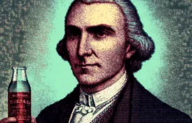 Engraved-style portrait of an 18th-century man holding a red soda bottle