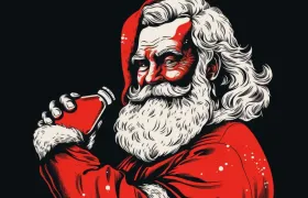 Illustrated Santa Claus in red suit drinking from a bottle