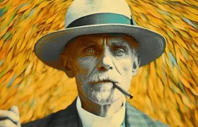 Colorized portrait of elderly man in panama hat smoking a cigarette