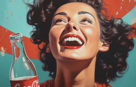 Illustrated woman laughing joyfully beside a glass Coca-Cola bottle