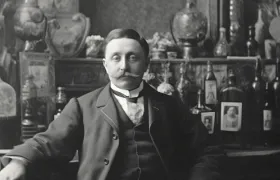 Portrait of mustached Frank Mason Robinson seated among apothecary bottles