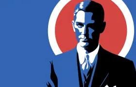 Pop-art portrait of a suited executive against a red circle