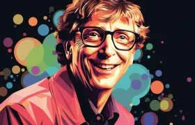 Pop-art illustration of Bill Gates smiling in glasses and pink shirt
