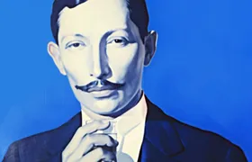 Stylized blue portrait of Pepsi founder Caleb Bradham with handlebar moustache