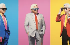 Triptych of three white-haired executives in bright suits and sunglasses