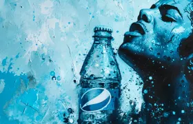 Teal painted artwork of a Pepsi bottle and thirsty woman