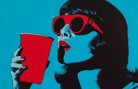 Pop art woman in red sunglasses sipping from a red cup