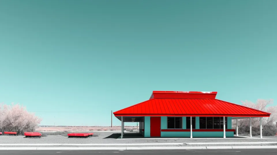 Red-roofed Pizza Hut style restaurant building beside an empty highway