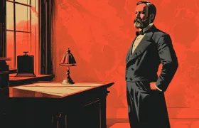 Bearded 19th century businessman standing by a desk in a red-toned office