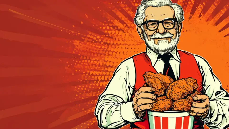 Cartoon Colonel Sanders holding a striped bucket of fried chicken