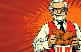 Cartoon Colonel Sanders holding a striped bucket of fried chicken
