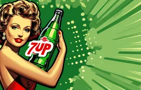 Retro illustration of woman in red dress holding green 7UP bottle