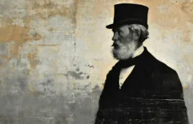 Wells Fargo CEO history illustration, bearded man in top hat