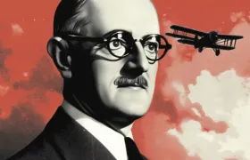 William Boeing portrait with a biplane flying through red clouds behind him
