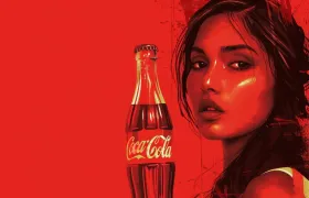 Coca-Cola glass bottle beside stylized red portrait of Indian woman