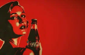 Retro red poster illustration of a woman holding a Coca-Cola bottle