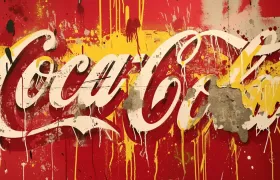 Coca-Cola script logo painted on a red and yellow wall