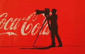Silhouetted filmmaker with camera against a red Coca-Cola logo wall