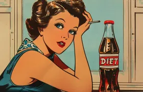 Retro pop-art illustration of a 1950s woman beside a bottle of Diet Rite diet cola
