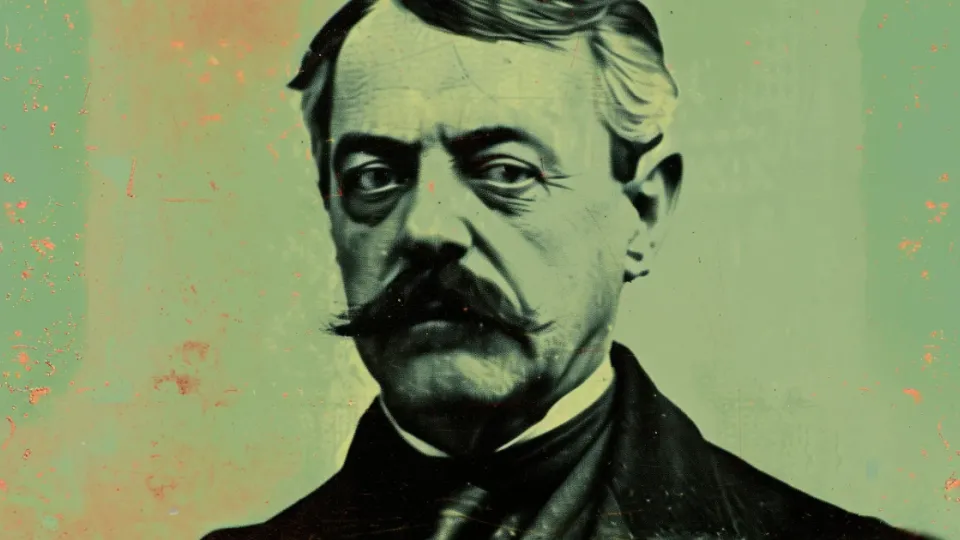 Eli Lilly founder portrait, mustached man in dark 1800s suit