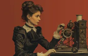 Victorian woman operating an antique telegraph key machine
