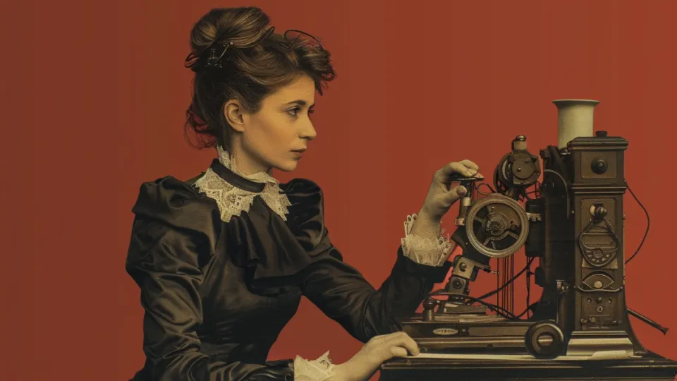 Victorian woman operating an antique telegraph key machine