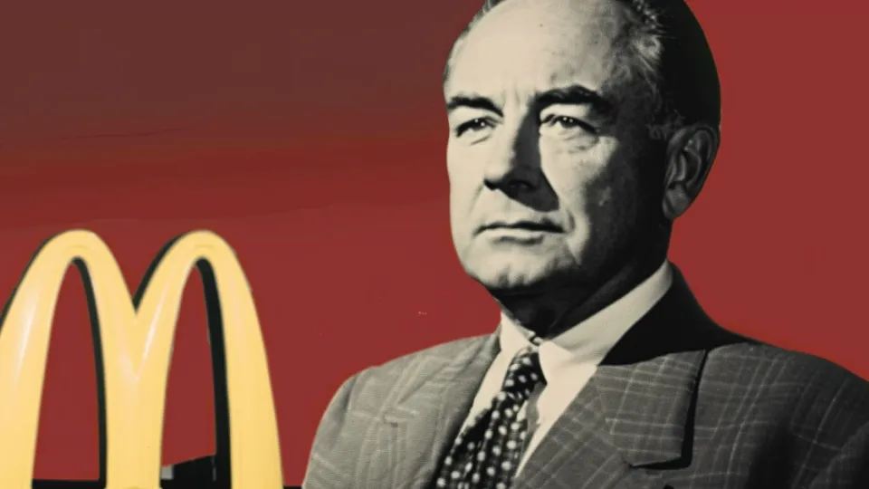 Ray Kroc portrait in a suit beside the McDonald's Golden Arches