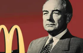 Ray Kroc portrait in a suit beside the McDonald's Golden Arches