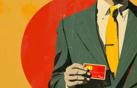 Retro illustration of a suited executive holding a red credit card, representing the history of Mastercard's founders and CEOs