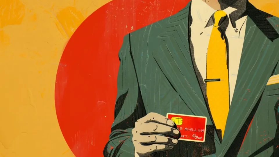 Retro illustration of a suited executive holding a red credit card, representing the history of Mastercard's founders and CEOs