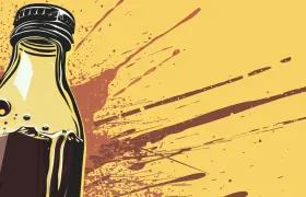 Illustrated glass bottle of chocolate drink with brown splash on yellow