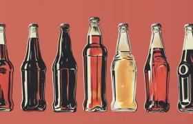 Illustration of seven vintage glass soda bottles in a row