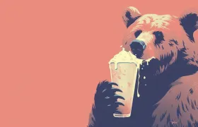 Rooty the Bear mascot holding a frothy root beer glass