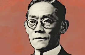 Toyota CEO history illustration, Japanese executive in round glasses