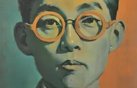 Painted portrait of a man in round orange glasses against teal and orange