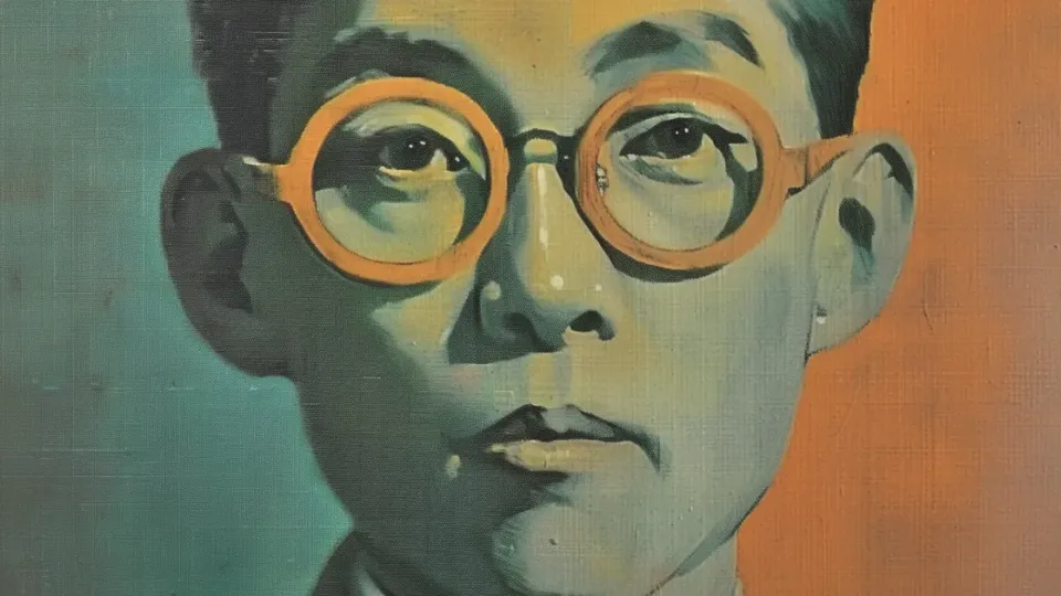 Painted portrait of a man in round orange glasses against teal and orange