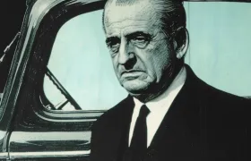 Older executive in a dark suit standing beside a vintage car