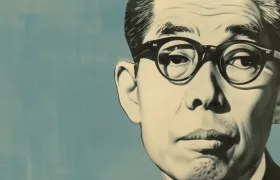 Mid-century illustrated portrait of a Japanese businessman in round black glasses
