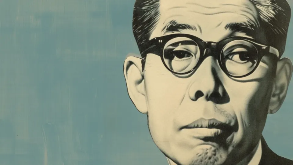Mid-century illustrated portrait of a Japanese businessman in round black glasses