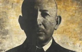 Painted portrait of bald businessman in dark suit, vintage style