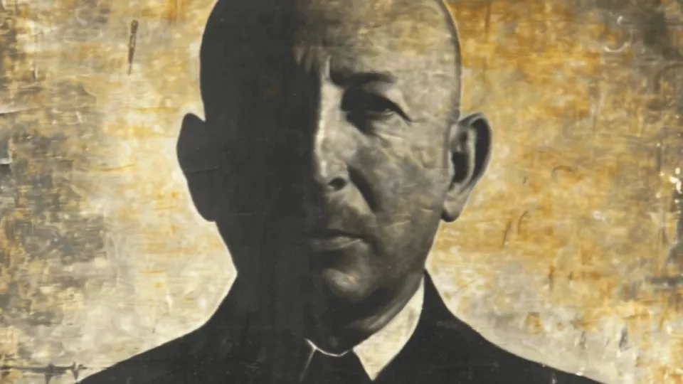 Painted portrait of bald businessman in dark suit, vintage style