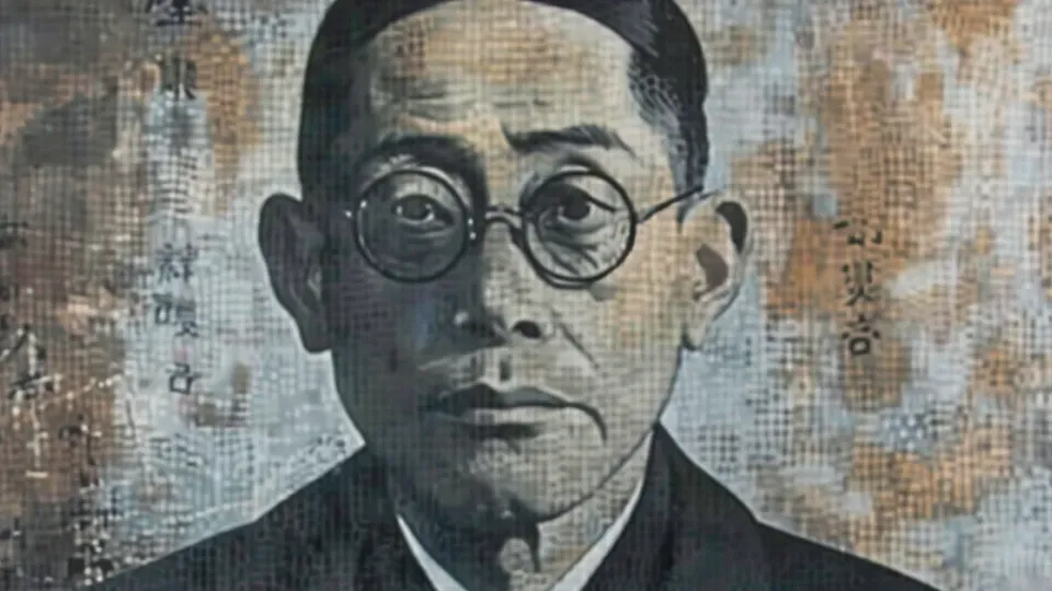 Textured monochrome portrait of stern Japanese man in round glasses and dark suit
