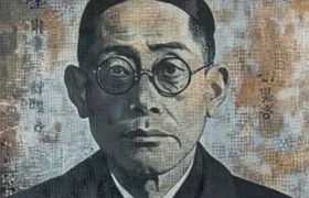 Textured monochrome portrait of stern Japanese man in round glasses and dark suit