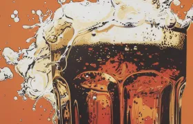 Foamy dark root beer overflowing a tall glass on orange