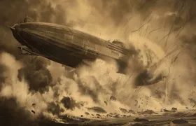 Sepia illustration of a rigid airship above burning wreckage and smoke