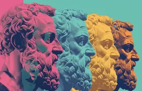 Four bearded ancient Greek philosopher busts in profile, pop art colors