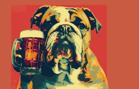 Bulldog mascot holding a frosty mug of root beer, poster art