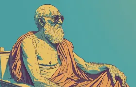 Illustration of a bearded Greek philosopher in robes wearing sunglasses