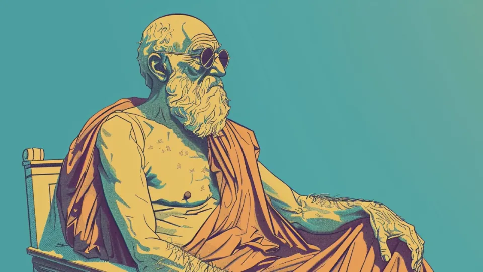 Illustration of a bearded Greek philosopher in robes wearing sunglasses