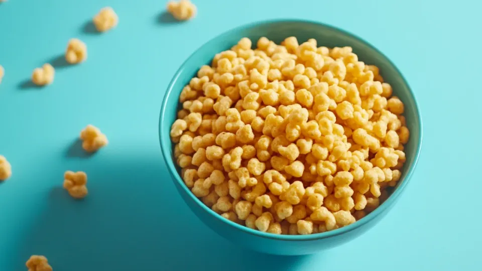 Bowl of golden puffed cereal on a bright blue background